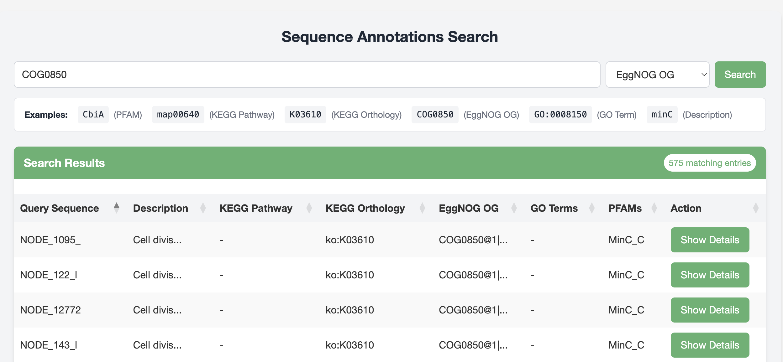 Protein Annotation Search Results Page